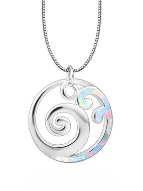 Sterling Silver Pink and White Opal  Wave Pendant Necklace
